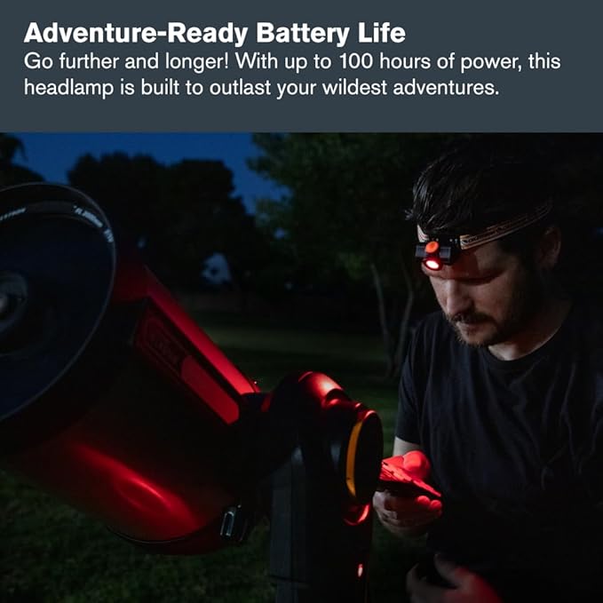 Celestron – Night Vision Headlamp – Multiple Light Modes – Includes SOS Setting – Ideal for Astronomy and Camping – 100 Hours of Usage – 45° Adjustable Angle