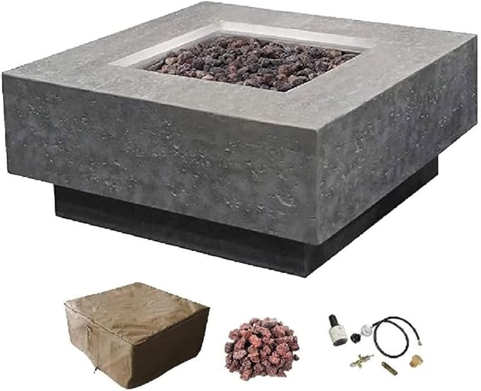 Elementi | Manhattan Gas Fire Pit Cast Concrete 36" Square Fire Table, Outdoor Fire Pit Electronic Ignition | Canvas Cover, Lava Rock Included | Light Gray (Propane Gas)