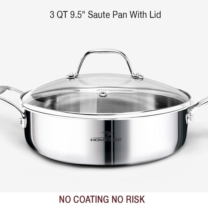 HOMICHEF 14-Piece Nickel Free Stainless Steel Cookware Set Whole-Clad 3-Ply - Mirror Polished Pots And Pans Set - Healthy Cookware Set With Steamer - Non-Toxic Induction Cookware Sets