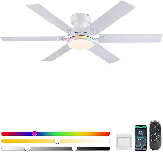 52" RGB Ceiling Fans with Lights and Remote,White Low Profile Ceiling Fans with Quiet Reversible DC Motor, Modern Flush Mount Fans Light for Kids Room Bedroom