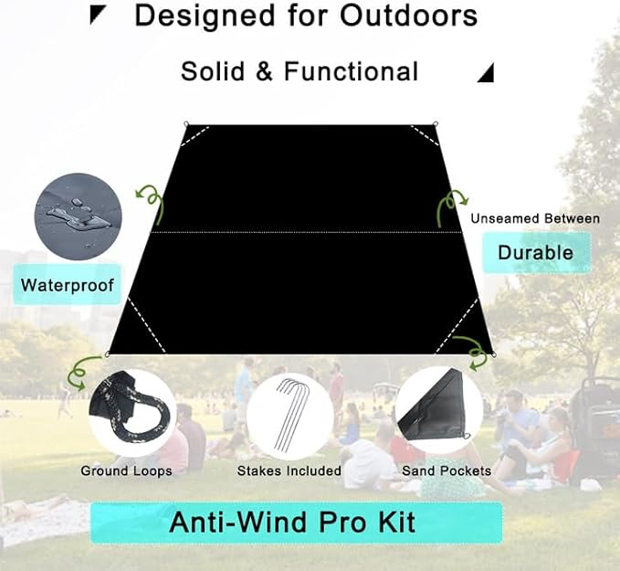 Outdoor Pocket Blanket, 55"x39" Waterproof Foldable Compact Small Pincic Blanket, Ultralight Tarp for Camping, Festival, Beach, Hiking, Backpacking, Travel and More, Stakes Included (Black)