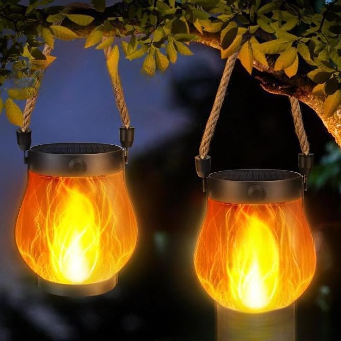 Solar Lantern Outdoor lamp - Waterproof Type Solar Flame lamp Can be Hung and Features Dancing Flames. Hemp Rope Suspended Flame Lantern, Dual Charging Mode, Smoke-Free (2PC)