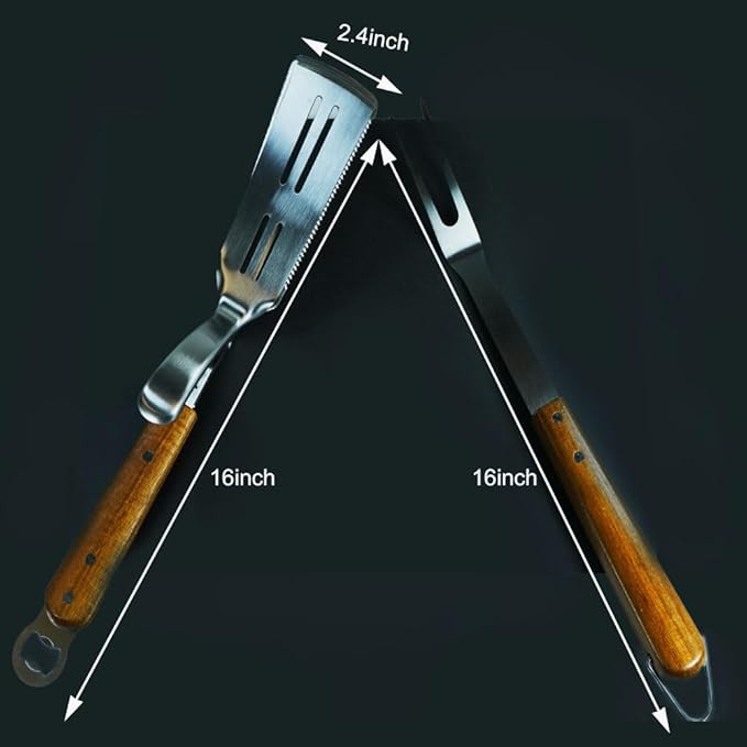 Grill Utensils Set -Innovative 2 in 1 Grill Tongs-Spatula & Barbecue Meat Forks with Long Wooden Handle for Outdoor Grilling,Cooking and Griddling