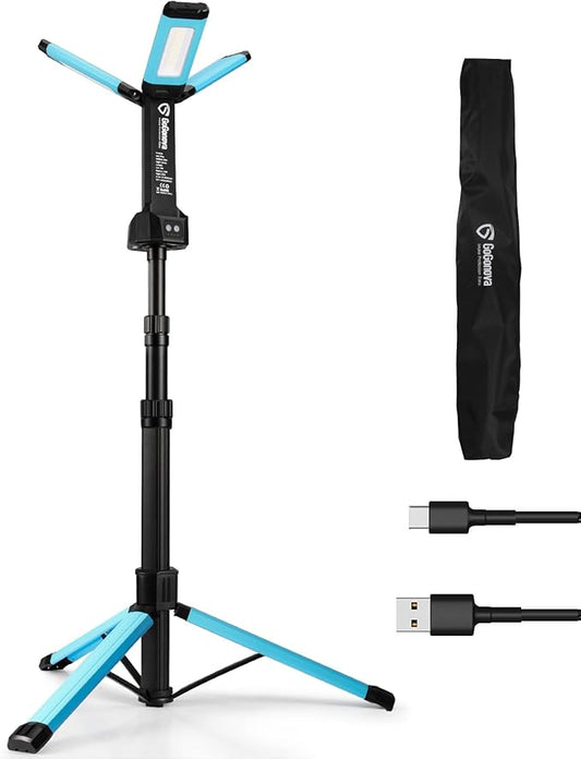 Rechargeable Work Light with Stand, GoGonova Cordless Work Light with Triple LED Lamps, 8AH Battery, 700/1200/2200 Lumen, 4000/6500K Dimmable Camping Light with Detachable Tripod（Blue）