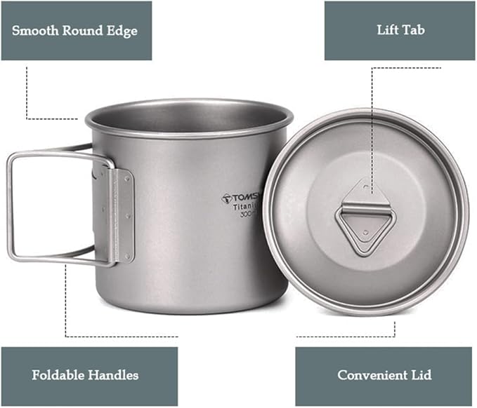 TOMSHOO Titanium Camping Pot and Outdoor Mug With Lid - Coffee Cup With Foldable Handle for Hiking, Travelling, Backpacking, and Open Fire
