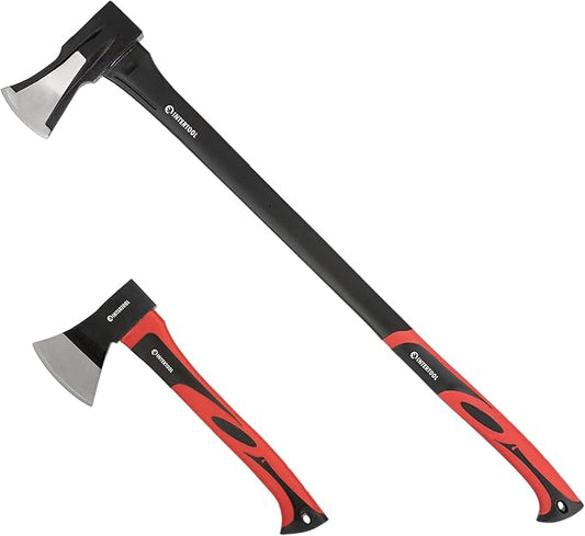 INTERTOOL Wood Splitting Maul and and Hatchet Combo Set - 35-inch Axe and 15-inch Camping Chopping Hatchet with Shock Absorbing Fiberglass Handles with Blade Protectors HT-0275-0261