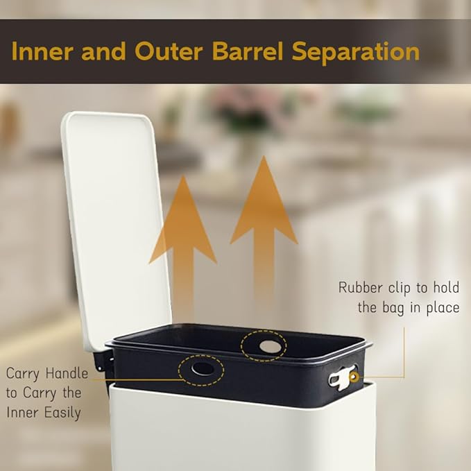 Bathroom Trash Can, 2.6 Gallon Trash Can with Lid, Stainless Steel Pedal Trash Bin with Removable Liner for Bathroom, Bedroom, Kitchen, Office,10 Liter White Garbage Can