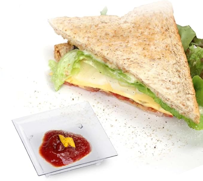 48 Pack Tiny Square Clear Plastic Tray Mini Appetizer Plates for Party Mini Serving Tray Small Appetizer Serving Sauce Dish Clear Dessert Plates for Weddings, Banquets, and Events CMJJ