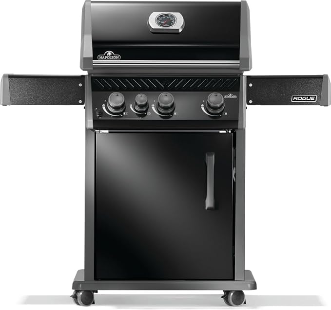 Napoleon Rogue 425 Propane Gas Grill with Range Side Burner, Black, 3 Stainless Steel Main Burners, Durable Grilling Power