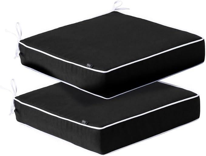PNP FKJP 2 Pack Outdoor Chair Cushion 20" X 20" X 4", Waterproof Outdoor Seat Cushions with Non-Skid Ties, Black (Cushion + Cover)