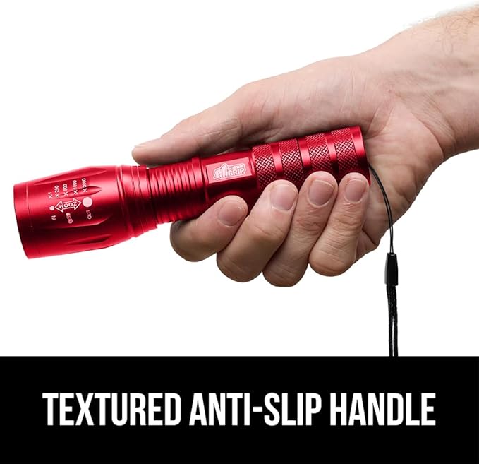 GORILLA GRIP Powerful LED Tactical Flashlight, 750 FT High Lumens 5 Adjustable Modes, Water Resistant, Ultra Bright Zoom Flashlights, Small Mini Flash Light, Camping, Night Dog Walking, 2 Pack Red