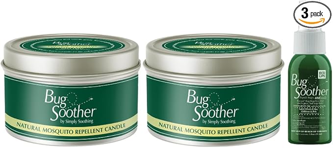 Bug Soother Candle - Natural Insect, Gnat and Mosquito Repellent 2 Candles, 1oz Bottle of Bug Spray Deterrent - Safe for Adults, Kids, Pets, Environment - Made in USA