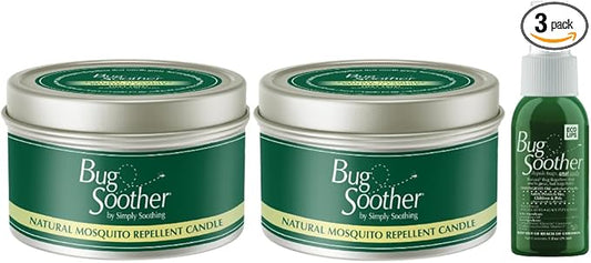 Bug Soother Candle - Natural Insect, Gnat and Mosquito Repellent 2 Candles, 1oz Bottle of Bug Spray Deterrent - Safe for Adults, Kids, Pets, Environment - Made in USA
