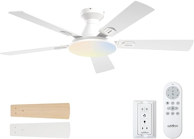 addlon Ceiling Fans with Lights, 52 inch Flush Mount Ceiling fan with Remote Control, Wall Remote, Reversible, 5CCT, Dimmable, Noiseless DC Motor, White Low Profile Ceiling Fan for Bedroom, Farmhouse