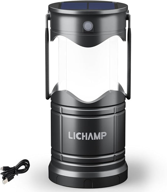 Lichamp 1-Pack Solar Camping Lantern, USB Rechargeable LED Lanterns Battery Powered Pop Up Flashlight Lamps with Three Modes Power for Power Outages Hurricane Supplies Emergency Indoor & Outdoor