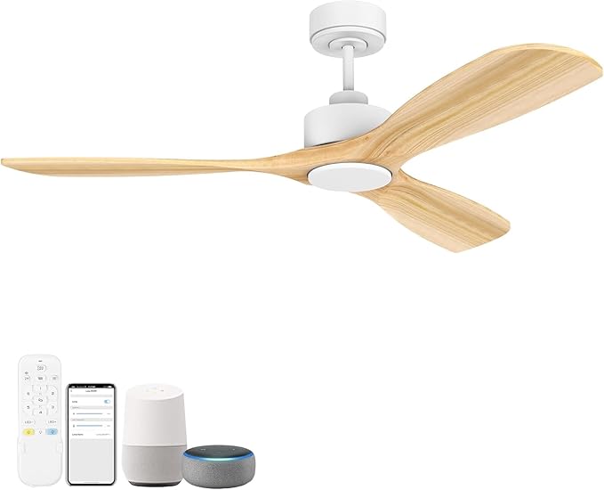 52” Wood Smart Ceiling Fans with Lights Remote,Quiet DC Motor,Outdoor Indoor Ceiling Fan,Voice Control via WIFI Alexa App,Dimmable,Modern Light Wood Ceiling Fan for Bedroom Patio Porch