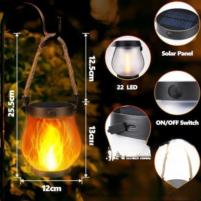 Solar Lantern Outdoor lamp - Waterproof Type Solar Flame lamp Can be Hung and Features Dancing Flames. Hemp Rope Suspended Flame Lantern, Dual Charging Mode, Smoke-Free (2PC)