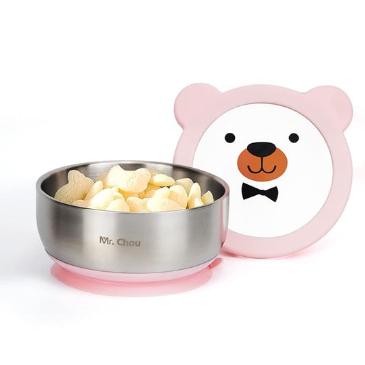 MR. CHOU Food-Grade Stainless Steel Baby Bowls with Leakproof Tempered Glass Lid, First Stage Baby Led Weaning Supplies for Boys & Girls, Silicone Suction Bowls for Baby Feeding (Pink)