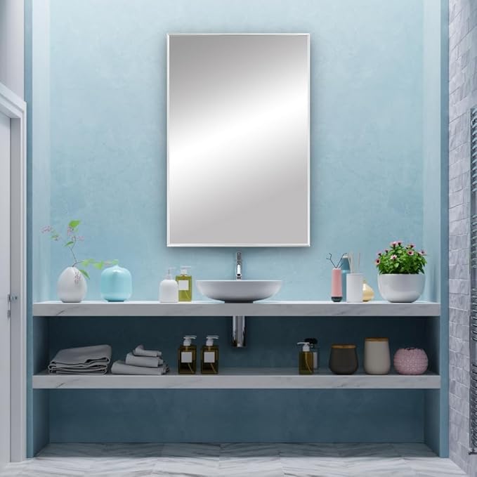 Frame My Mirror Silver Metal Framed Mirror, 20" x 48" Mirror for Bathroom, Metal Frame, True Reflections Glass, Chrome Finish, Stanton Design, Hangs Horizontally or Vertically, Made in USA