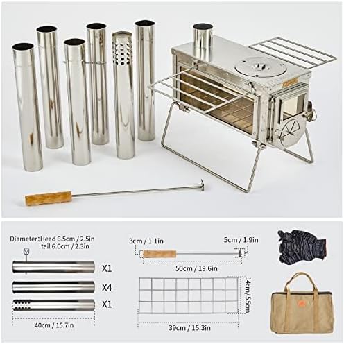 XCMAN Camping Tent Wood Stove with 6 Section Chimney Pipes,Three-View Windows Portable Wood Stove, Ice Fishing Shelters, Hunting, Outdoor Cooking Heavy Gauge 304 Stainless Steel