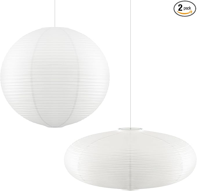 2 Pcs Chinese Paper Lanterns 20 Inch White Lampshade, Large Round and Oblate Pendant Lamp Shade, Rice Paper Lampshade Ceiling Foldable light shade for Interior Home Decoration