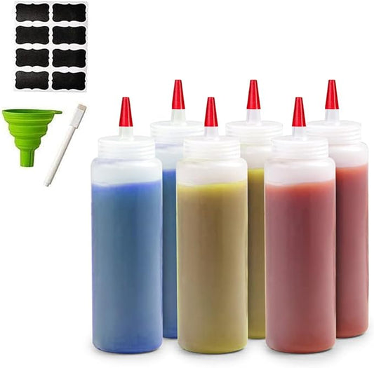 6-Pack Condiment Squeeze Bottles for Sauces - Includes Funnel, Erasable Marker & Reusable Labels, Perfect for Salad Dressings, Liquids, and Ketchup, Durable Plastic 32 oz Bottles