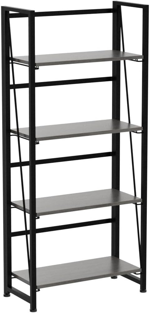 4NM No-Assembly Folding Bookshelf Storage Shelves 4 Tiers Vintage Bookcase Standing Racks Study Organizer Home Office (Gray Black)