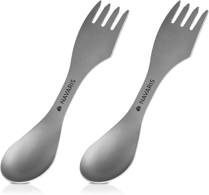 Navaris Titanium Spork Camping Utensils (Set of 2) - 3-in-1 Fork, Spoon, Knife Cutlery Combo - Metal Silverware for Backpacking, Hiking, Outdoors
