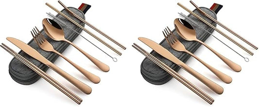 DEVICO Portable Utensils, Travel Camping Cutlery Set, 8-Piece including Knife Fork Spoon Chopsticks Cleaning Brush Straws Portable Case, Stainless Steel Flatware set (Rose Gold) (Pack of 2)
