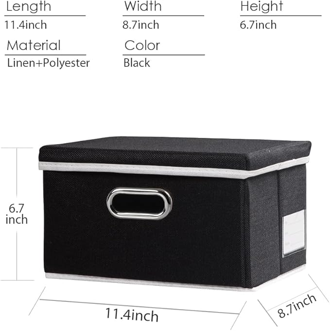 PRANDOM Storage Boxes with Lids [3-Pack] Fabric Collapsible Storage Bins Organizer Containers Baskets Cube with Cover for Home Bedroom Closet Office Nursery Black（11.4X8.6X6.7