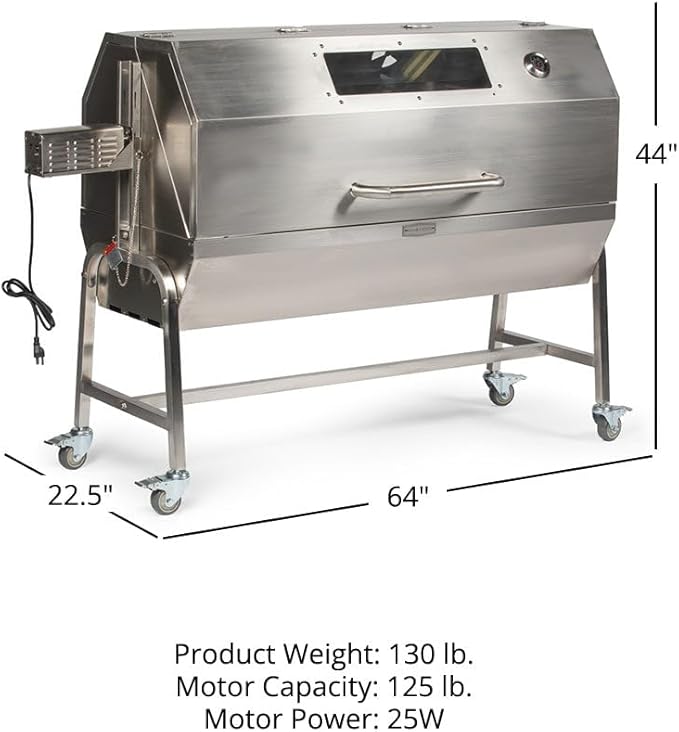 Ash & Ember 25 Watt Stainless Steel BBQ Rotisserie Grill, Rated 125 LB for Medium Game, Hood with Viewing Window, Portable Electric Outdoor Roaster with Dual Prongs, Single Leg Bracket, and Spine Fork