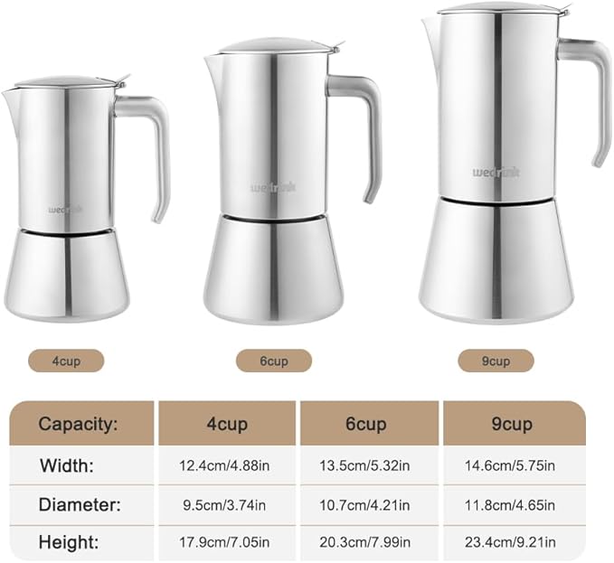 wedrink Stovetop Espresso Coffee Maker 4 Cups Stainless Steel Moka Pot for Greca, Induction, Electric & Gas Stoves(6.5 OZ/200ml)