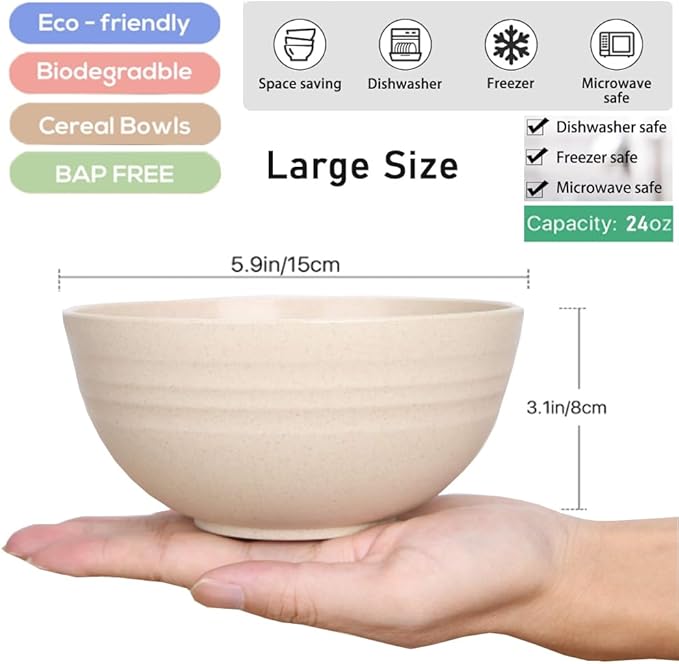 K Y KANGYUN Unbreakable Cereal Bowls - 24 oz Reusable Wheat Straw Bowl- Perfect for Serving Soup, Oatmeal, Pasta, Salad Camping, Picnic Bowls- Dishwasher & Microwave Safe - BPA Free, Sets for 4