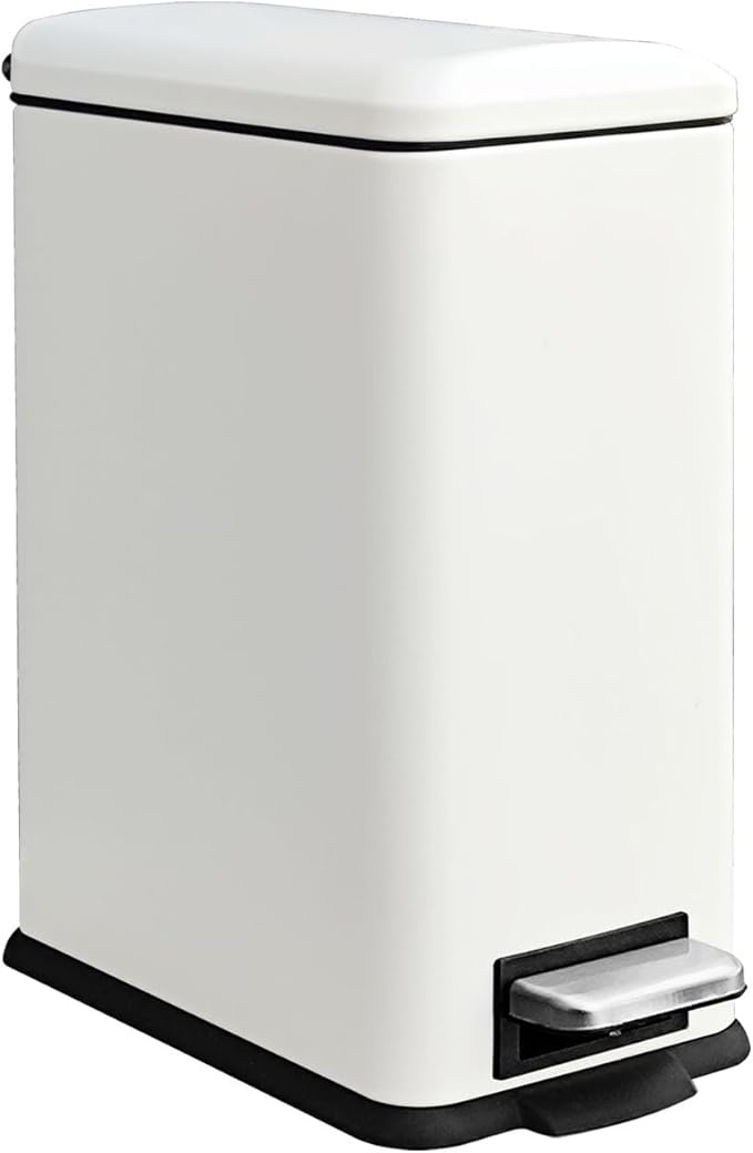 Trash Can with Lid, 10 L Bathroom Waste Bin, Small Pedal Bin, Stainless Steel Garbage Can for Bathroom, Bedroom and Office, White