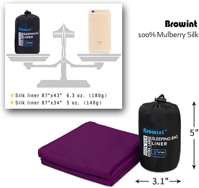 BROWINT Silk Sleeping Bag Liner, Silk Sleep Sack, Extra Wide 87"x43", Lightweight Travel Sheet for Hotels, More Colors for Option, Reinforced Gussets