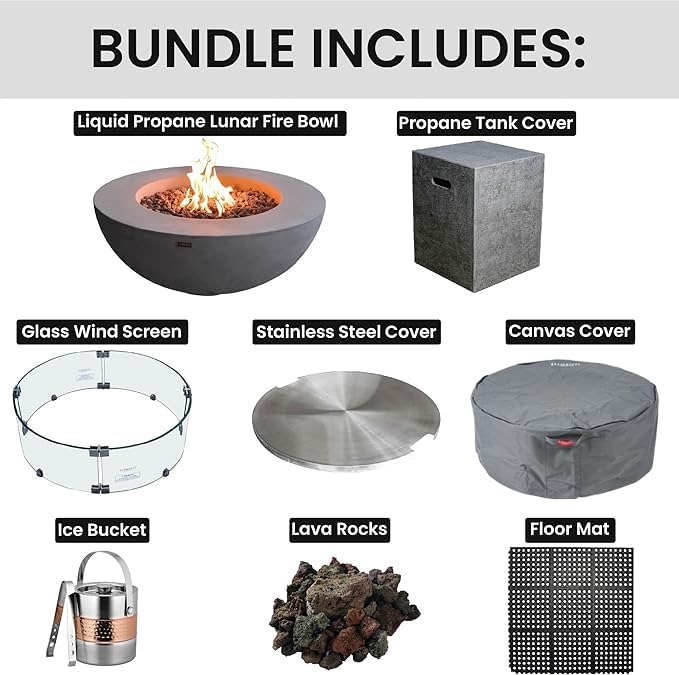 Elementi Lunar Bowl Fire Pit Bundle Outdoor Firepit Set Includes 42” Propane Concrete Firepit, Glass Windscreen, Stainless Steel Cover, Tank Cover, Canvas Cover, Floor Mat, Ice Bucket