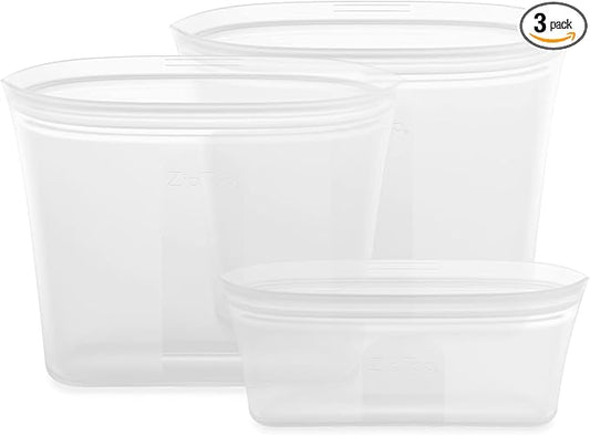 Zip Top Reusable Food Storage Bags | 3 Bag Set [Frost] | Silicone Meal Prep Container | Microwave, Dishwasher and Freezer Safe | Made in the USA