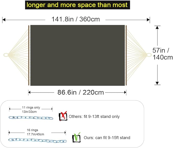 Double Hammock with Quilted Fabric and Spreader Bars,Longer and Sturdier,Quality Hammocks for Outdoor Indoor Patio Yard
