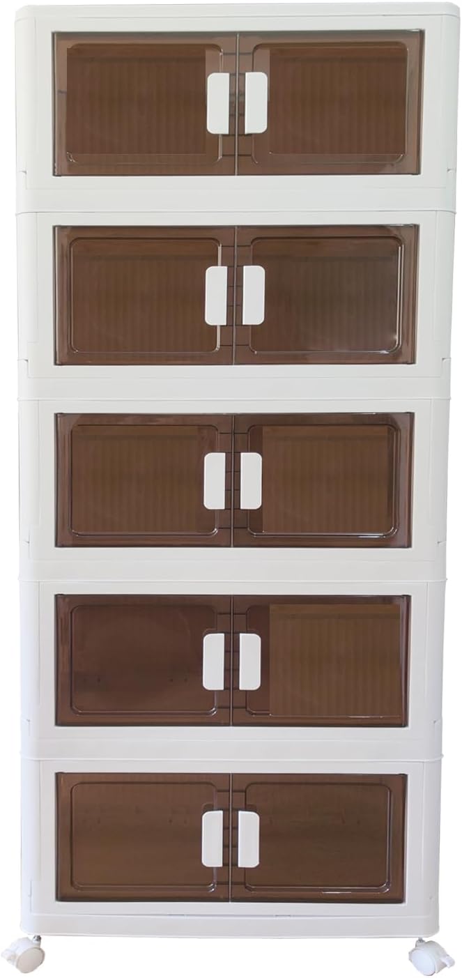 64 Gallons Storage Bins with Lids - Folding Storage box with Doors and Wheels, Collapsible Plastic Storage Bins for Closets, Stackable Storage Organizer (Large-4Tier)