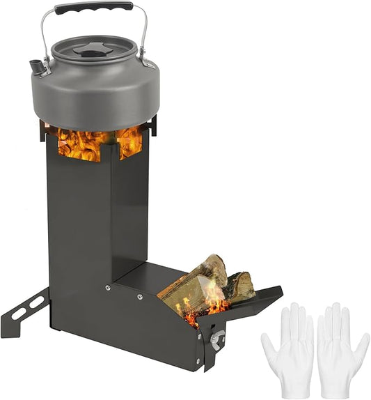 Portable Rocket Stove Camping Stove - GEEKHOM Mini Stainless Steel Folding Wood Burning Stove w/Storage Bag & Gloves, High-Efficiency for Camping, Hunting, Fishing, Picnic, BBQ