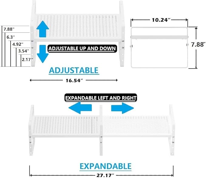Expandable Spice Rack, Stackable Metal Pantry Storage Shelves Stand, Adjustable Height Cabinet Shelf Organizer Racks(1PACKS/WHITE,LARGE)