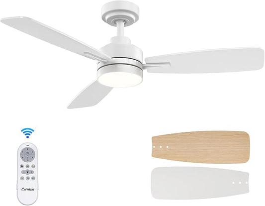 Amico Ceiling Fans with Lights, 44 inch Ceiling fan with Light and Remote Control, Reversible, 3CCT, Dimmable, Noiseless, Small White Ceiling Fan for Bedroom, Indoor/Outdoor Use
