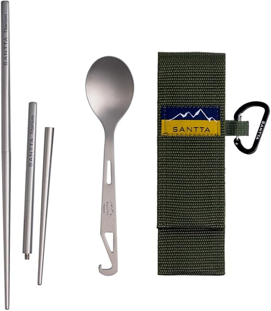 SANTTA Compact Titanium Collapsible Chopsticks and Spoon Utensil Set with Carry Bag and Carabiner for Camping, Hiking, Backpacking and Travelling