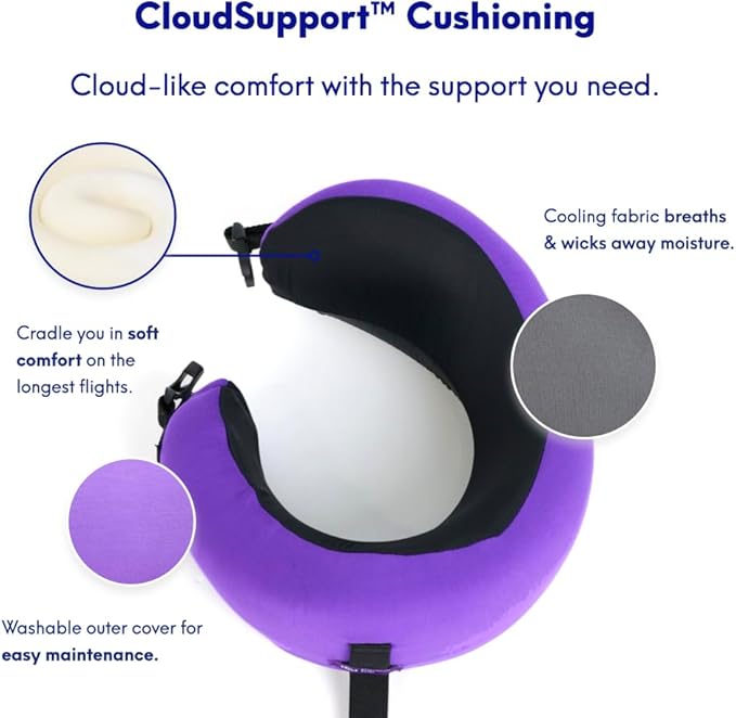 C CUSHION LAB Travel Pillow, Award-Winning Patented Ergonomic Design for Chin & Neck Support Memory Foam Neck Pillow, Compact Airplane Pillow for Traveling, Flight, Car (Royal Purple, Medium)