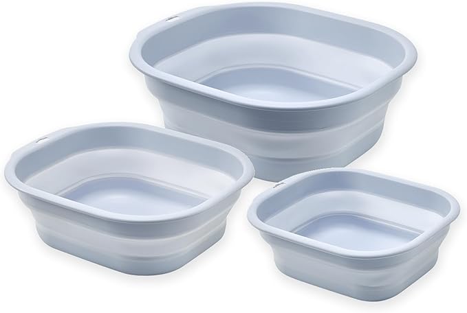 Collapsible Wash Basin Set of 3, Foldable Large Medium Small Wash Basins, Portable Plastic Basins for Laundry, Bottles, Travel, Camping (Blue Gray)