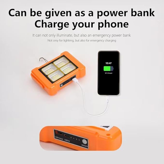 Portable LED Solar Rechargeable Work Light IP66, 6 Lighting Modes, Rechargeable Floodlight for Outdoor Power Outage Emergency, Bicycle Maintenance, Camping Hiking, Family Emergency Lights