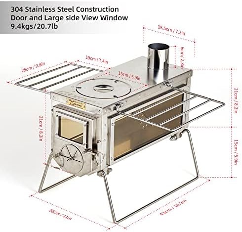 XCMAN Camping Tent Wood Stove with 6 Section Chimney Pipes,Three-View Windows Portable Wood Stove, Ice Fishing Shelters, Hunting, Outdoor Cooking Heavy Gauge 304 Stainless Steel