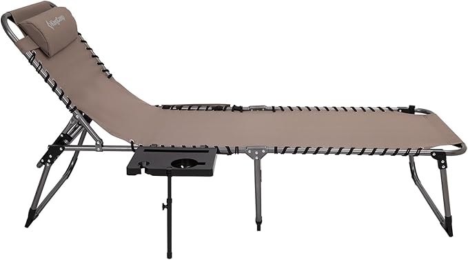 KingCamp Folding Chaise Lounge Chair for Outside Beach, Sunbathing, Patio, Pool, Lawn, Deck, Lay Flat Camping Reclining Lounge Chair with Pillow & Side Table （1 Pack, Beige）