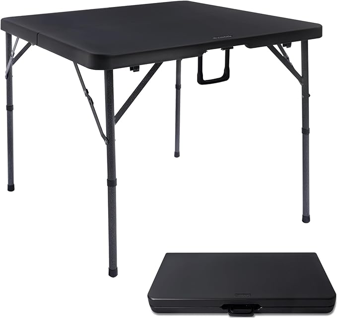 34" Square Folding Card Table, Fold-in-Half Utility Dining Portable Table Heavy Duty HDPE Plastic Foldable with Carrying Handle Indoor Outdoor for Picnic, Camping, Party, Black
