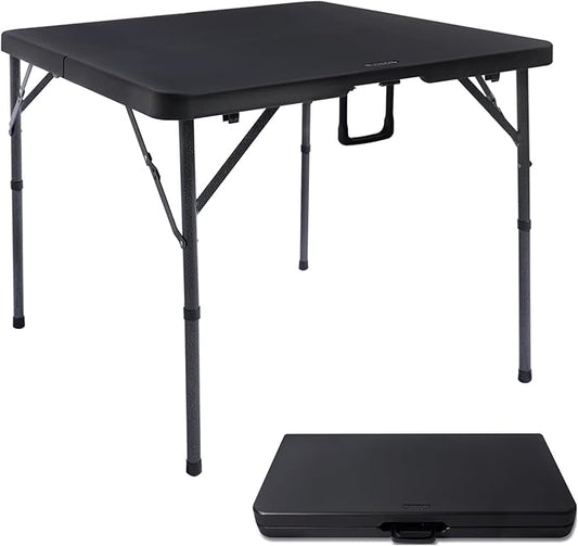 34" Square Folding Card Table, Fold-in-Half Utility Dining Portable Table Heavy Duty HDPE Plastic Foldable with Carrying Handle Indoor Outdoor for Picnic, Camping, Party, Black